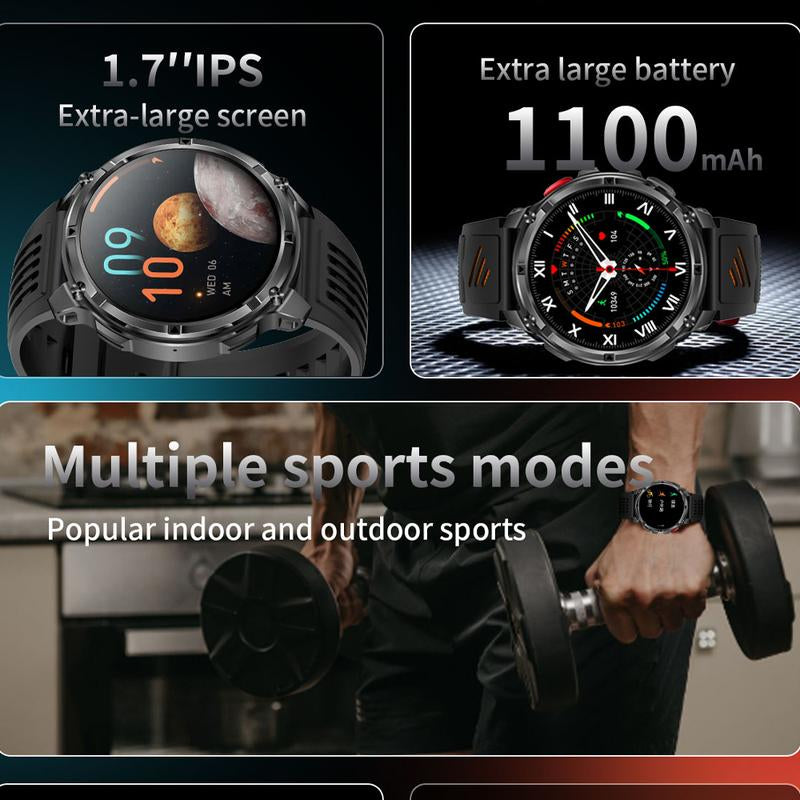 New 2026 Manly Style Smart Sports Watch LED Lights Wireless Calling Message Reminders Sports Mode Voice Assistant Weather Push Stopwatch Timer Smartwatch for Men Compatible with Iphone and Android Phones
