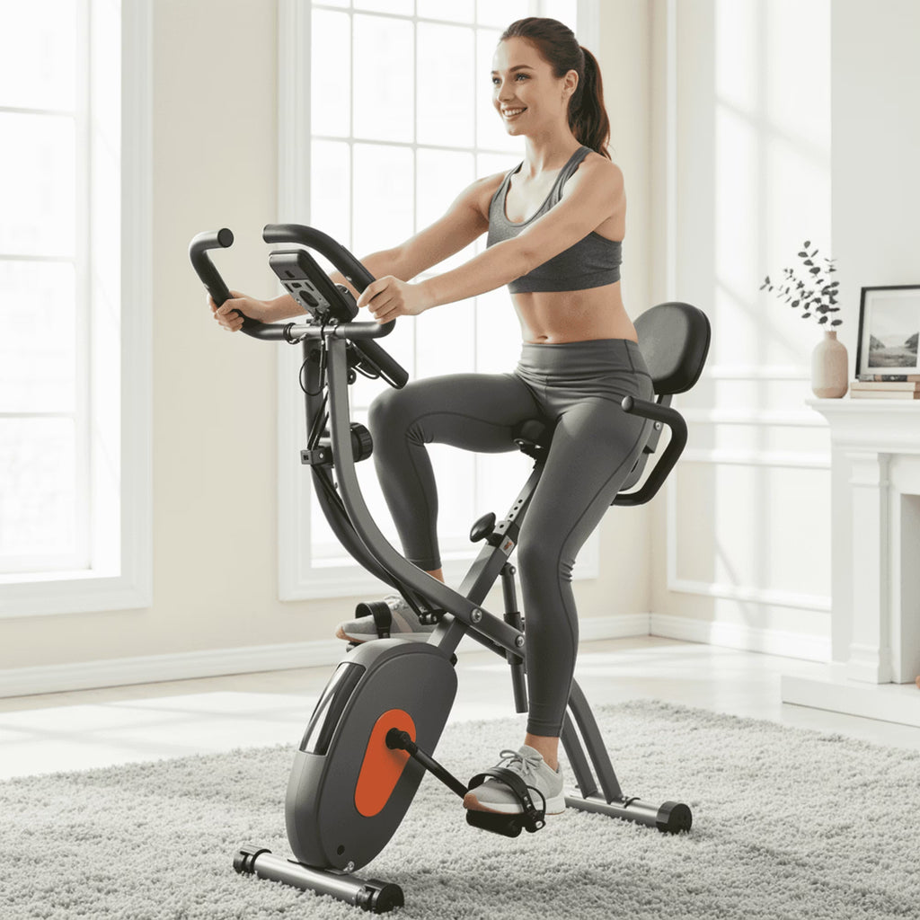 Folding Exercise Bike 3 in 1 Magnetic Stationary Recumbent Bike 10 Level Resistance for Home Use with Arm Resistance Bands
